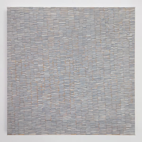 Oil on canvas painting of small colorful lines forming a waving pattern.