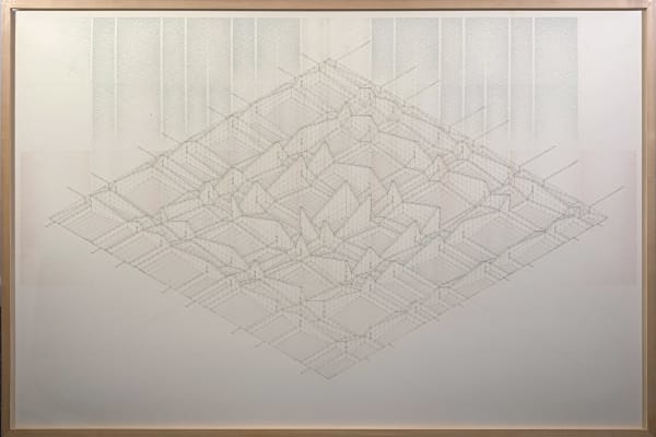 Ink drawing depicting an irregular architectural structure within a rectangular plot