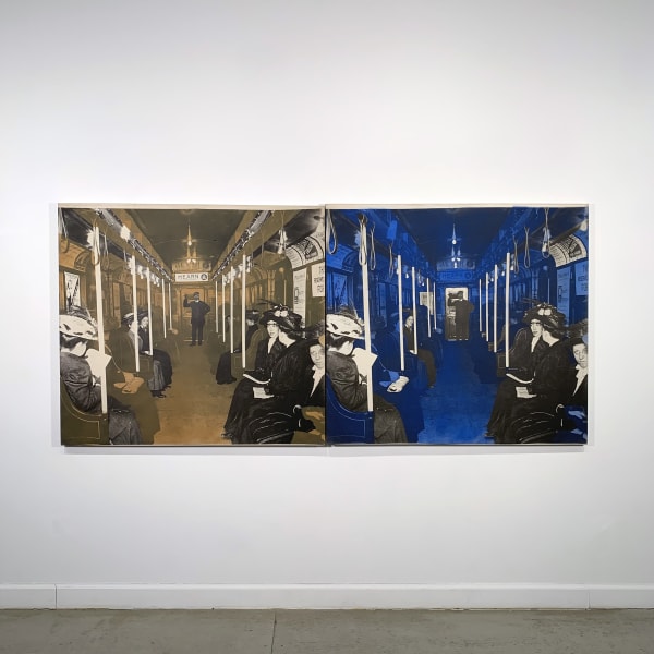 Collaged image of the interior of two identical subway cars with passengers, one sepia toned and one blue.