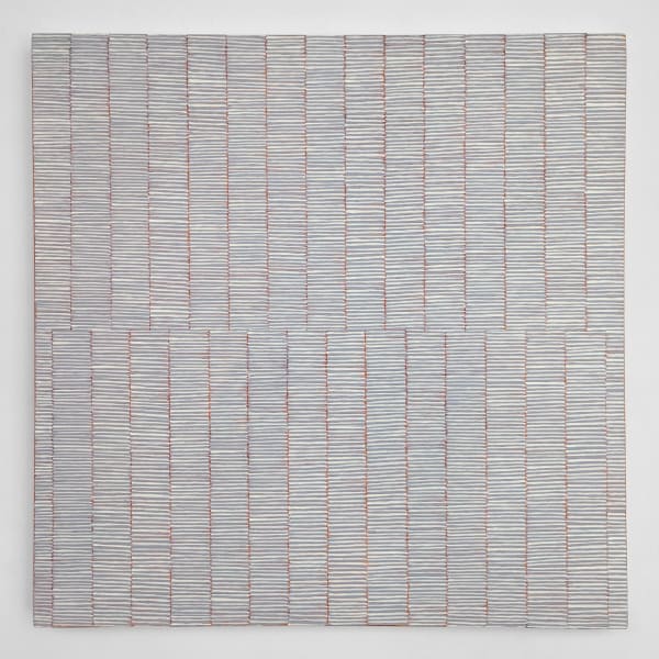 Oil on canvas painting of sectioned small colorful lines broken up by red lines.