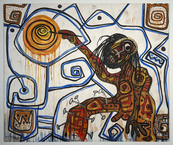 Oil painting on canvas of an artist painting the sun in a "neo-African expressionist" mode