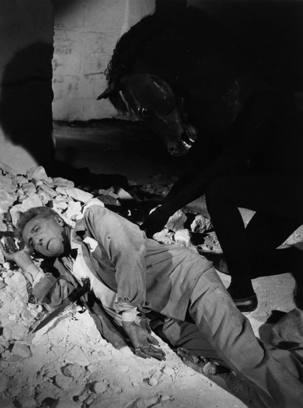 Black and white photograph of Jean Cocteau sleeping on the ground as a black horse looks down at him