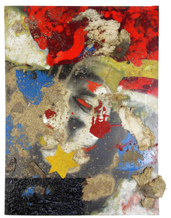 Photograph of a face turned upside down and partially obscured by strokes of oil paint and pieces of cotton