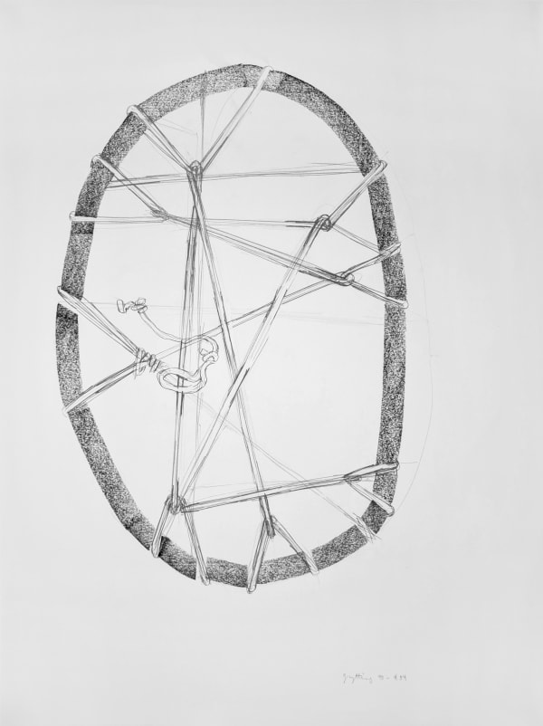 Abstracted minimalist graphite drawing on paper of knotted ropes and wooden loop