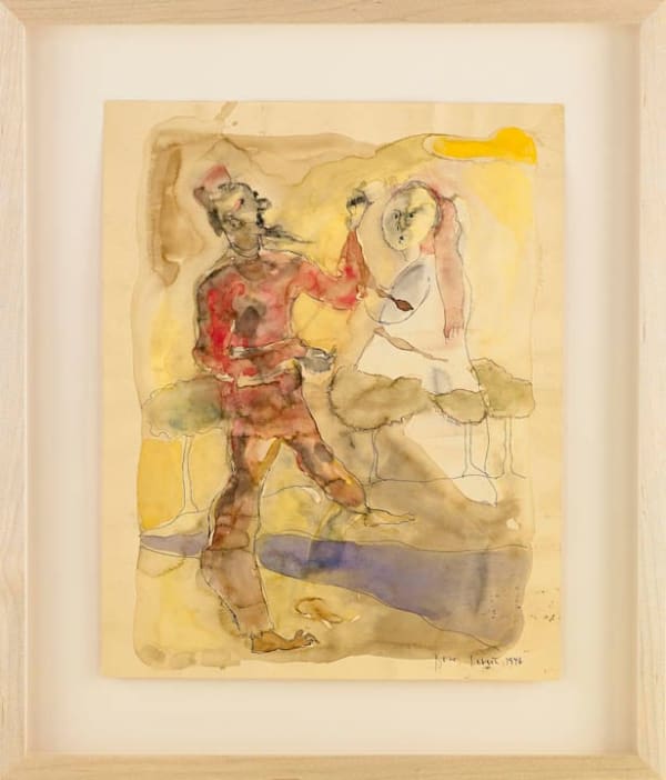 Framed watercolor work on paper of a man in a uniform crossing a river, a woman on the other side, on yellow background