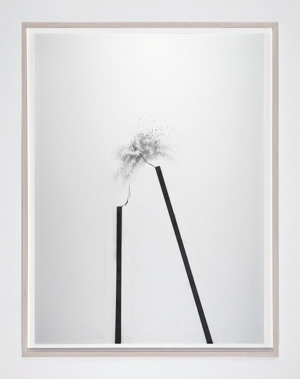 Framed Graphite on paper drawing of two straight bold lines with a bust at their point.