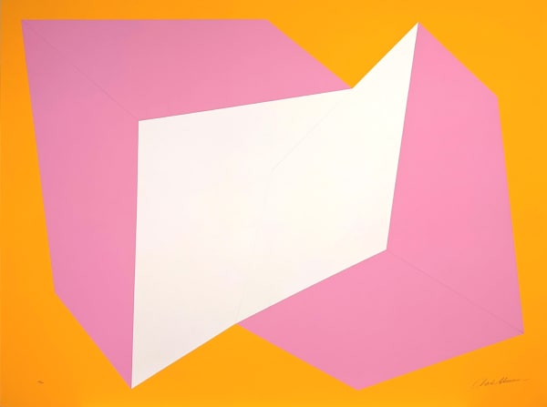 Print of two interconnected rectangular prisms, pink and white, on orange background