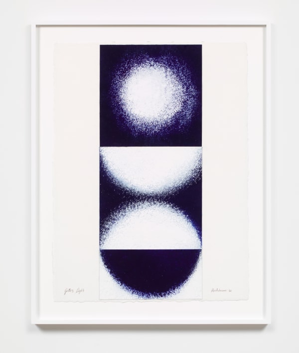 Painting in parts, a deep purple square with a bright white center, purple lighting around it, then purple with two white semi circles, one completed with a purple semi-circle