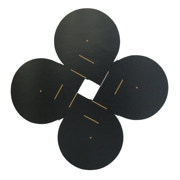 Acrylic painting on masonite of a shape formed by four identical black circles with yellow lines surrounding one small square of negative space