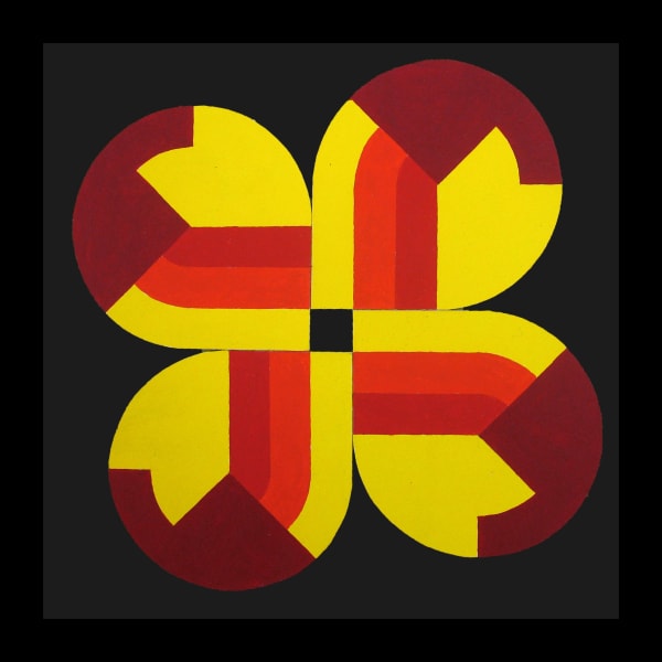 Acrylic on ragboard of quatrefoil shape in bright yellow, red, and burgundy against a black background