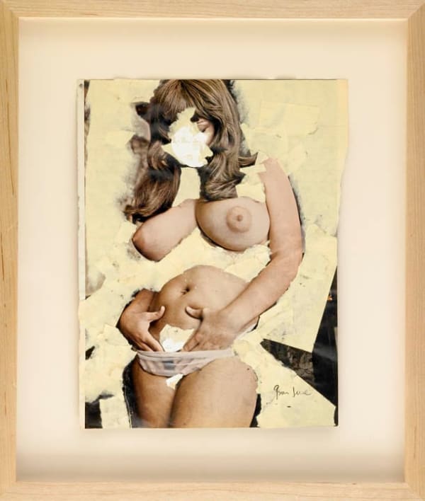 Framed collage on paper of pin-up nude with long hair, painted over