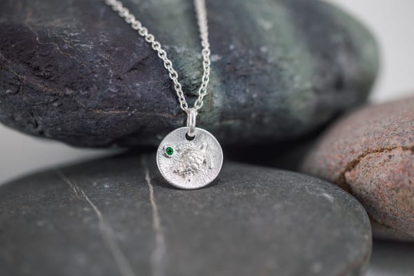 Turtle Coin Pendant Necklace with Green Tourmaline
