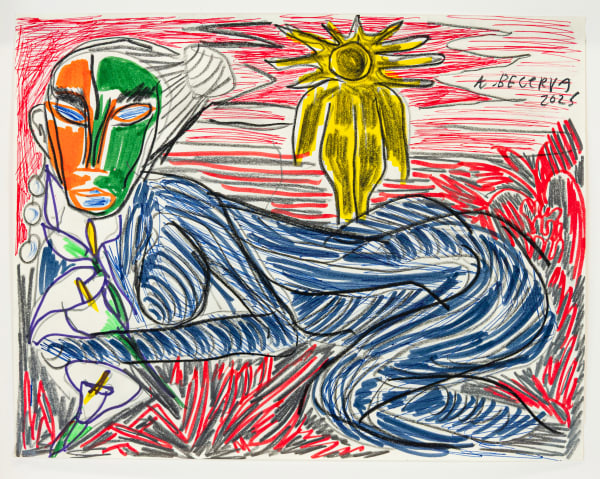 Alex Becerra Sun for Mama Earth, 2025 Graphite pencil, ball point pen, prisma marker on paper 8 1/2 x 11 inches 21.6 x 27.9 cm. 11 1/2 x 14 inches (framed) 29.2 x 35.6 cm. (framed)