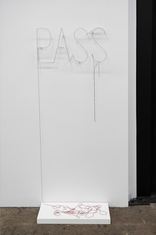 Chandler McWilliams Who does not depart (Ariadne’s thread), 2021 Hand-dyed thread, neon tubing, MDF. 20 x 64 inches 50.8 x 162.6 cm.