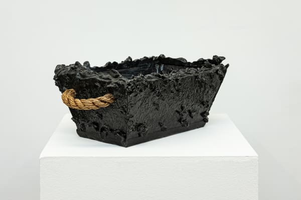 Mustafa Ali Clayton Black Tar Chest #1, 2021 Earthenware clay, glaze, hemp rope 35 1/2 x 20 x 25 3/4 inches 90.2 x 50.8 x 65.4 cm.