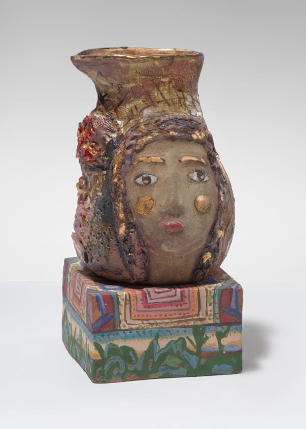 Lauren Elder Golden Cheeked Weaver, 2023 Earthenware, glaze, gold luster 13 1/2 x 7 1/2 x 8 inches 34.3 x 19.1 x 20.3 cm.