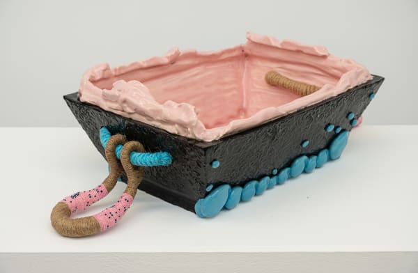 Mustafa Ali Clayton Sea Chest Powhatten, 2021 Earthenware clay, glaze, hemp rope, glass beads, wax 7 1/4 x 27 x 13 inches 18.4 x 68.6 x 33 cm.