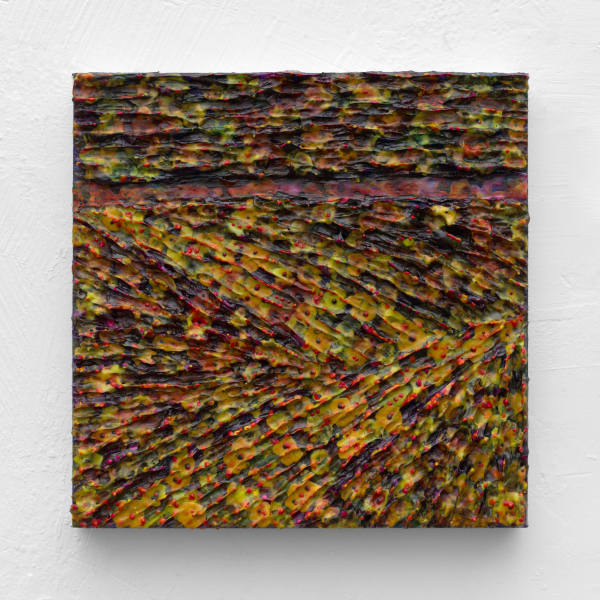 Grant Shumate Reptilian Road, 2020-2023 Acrylic mediums and silkscreen ink on canvas 16 x 16 inches 40.6 x 40.6 cm.