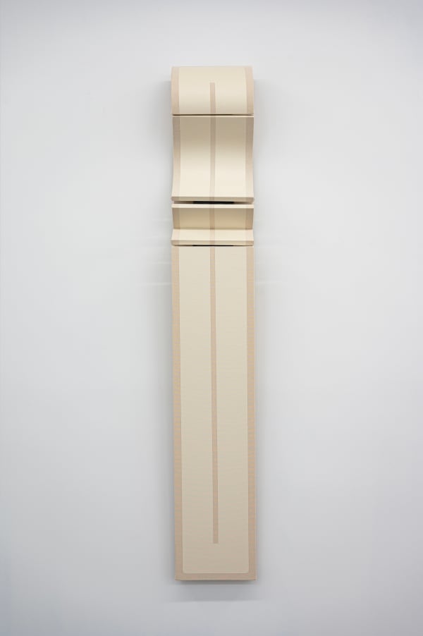 Robert Moreland Narrow Ivory Rectangle, 2024 Canvas on wooden panel with paint, tacks and leather hinges 70 x 11 x 6 inches 177.8 x 27.9 x 15.2 cm.