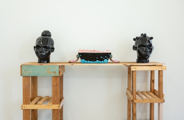 Mustafa Ali Clayton Alisha and Shanita, 2021 Earthenware clay, glaze, hemp rope, glass beads, wax, wood pedestal 58 x 72 x 20 inches 147.3 x 182.9 x 50.8 cm.