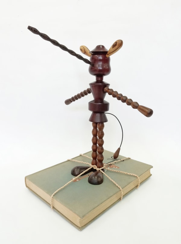 Edgar Orlaineta Pinocchio, 2021 Wood, Book and rope 30 x 30 x 30 cm 11 3/4 x 11 3/4 x 11 3/4 in