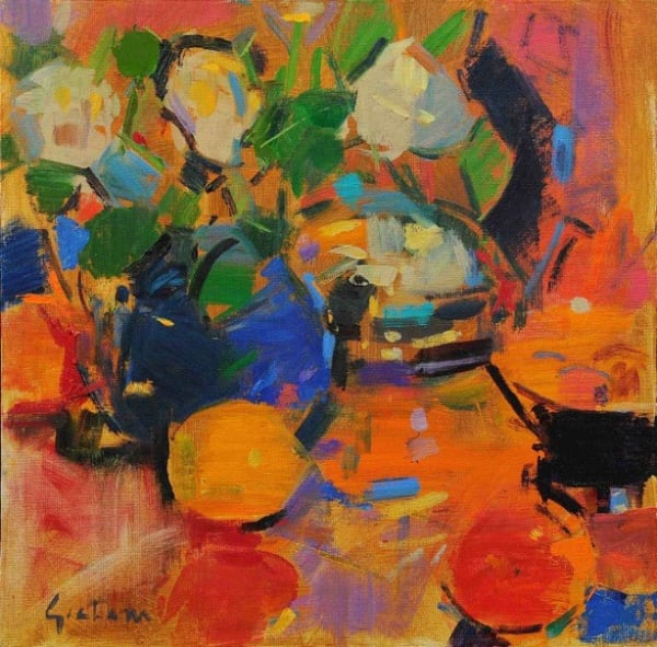 Peter Graham, WHITE ROSES IN A BLUE JUG