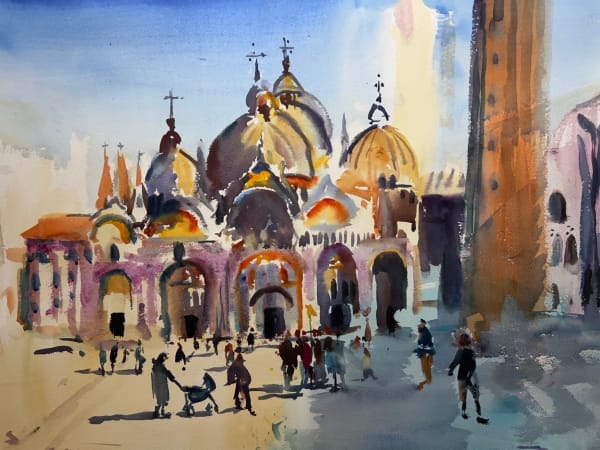Sophie Walbeoffe SUNLIT ST MARK'S - A TAPESTRY OF FIGURES Watercolour on paper 55.9 x 71.1 cm 22 x 28 in