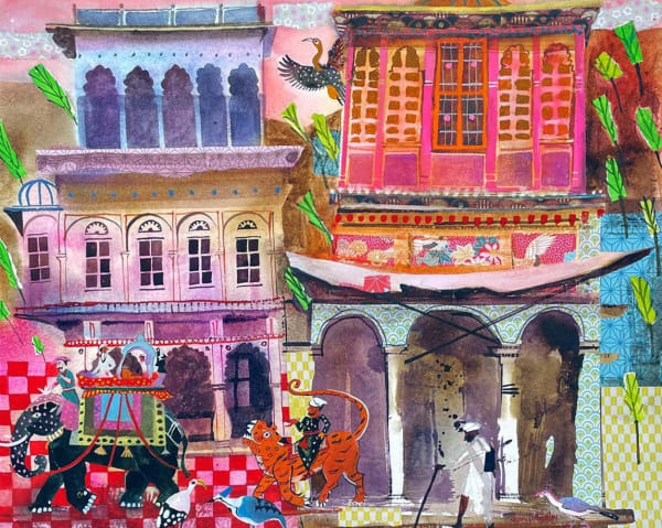 Jenny Wheatley NEIGHBOURING PROPERTIES Watercolour and collage 25 x 30 in 63.5 x 76.2 cm