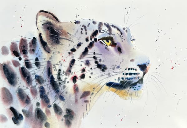 Jake Winkle SNOW LEOPARD Watercolour 12 1/2 x 18 1/2 in 31.8 x 47 cm