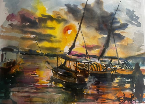 Sophie Walbeoffe GOLDEN DAWN OVER LAMU Watercolour on paper 55.9 x 76.2 cm 22 x 30 in