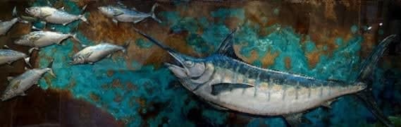 Sam Macdonald MARLIN CHASE Brass, resin, gold leaf and aluminium 19 3/4 x 59 in 50 x 150 cm