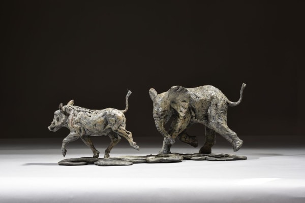 Hamish Mackie ELEPHANT CALF CHASING WARTHOG, 2019 Bronze 18 1/2 x 7 1/8 x 6 1/4 in 47 x 18 x 16 cm Edition of 12