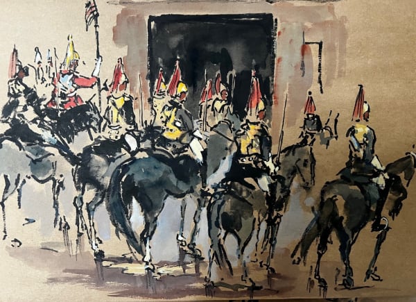 Sophie Walbeoffe HYDE PARK BARRACKS, BLUES AND ROYALS & LIFEGUARDS WAITING TO GO THROUGH THE GATE TO ACCOMPANY THEIR KING TO HIS CORONATION Watercolour on brown paper 12 x 17 in 30.5 x 43.2 cm