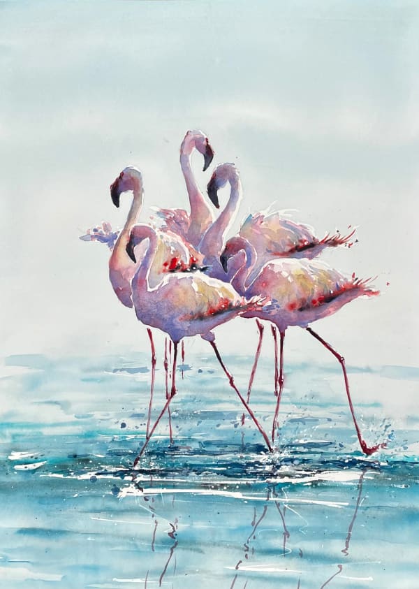 Julia Cassels FLAMINGO DANCE Watercolour 18 1/2 x 26 3/4 in 47 x 68 cm