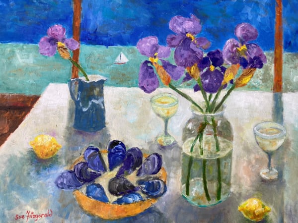 Susan Fitzgerald LUNCH IN BOUZIGUES Oil on canvas 20 x 24 in 50.8 x 61 cm