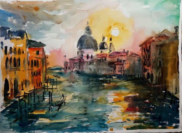 Sophie Walbeoffe VENETIAN MORNING GLOW - SANTA MARIA DELLA SALUTE FROM ACCADEMIA BRIDGE Watercolour on paper 55.9 x 71.1 cm 22 x 28 in
