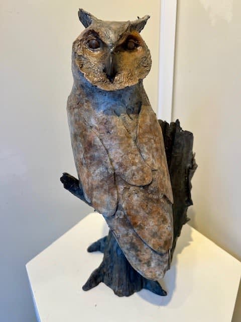 Michael Storey BARN OWL ON OAK Bronze, unique piece