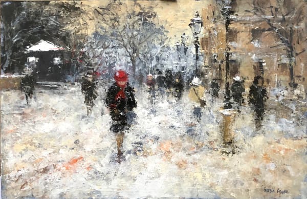 Gerald Green RED HAT IN THE SNOW PARIS Oil 13 x 20 in. 33.02 x 50.8 cm