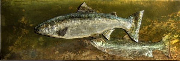 Sam Macdonald TWO GOOD FISH (SALMON) Pewter, brass, aluminium and resin 19 3/4 x 59 in 50 x 150 cm