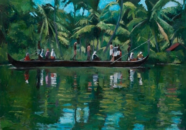 Patrick Gibbs BOAT IN THE BACKWATERS, KERALA Oil on Board 30 x 43 in. 76.2 x 109.22 cm