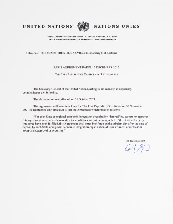 Cole Sternberg, entry into force of the paris agreement, 2020