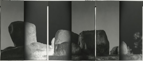 Inverse #69 (Mojave), 2023 Three Paper Negatives, partial in-camera solarizations Dimensions, each element: 14" x 11" (35.5 x 28 cm) Overall, unframed: 14” x 33 1/4" (35.5 x 84.5 cm) Framed: approximately 17 5/8" x 36 7/8" (44.8 x 93.7 cm) Unique