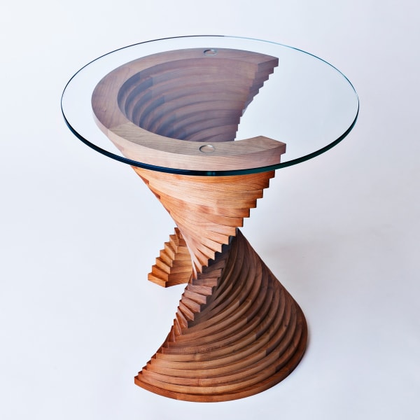 David Tragen Aguaviva cherry wood, toughened glass handmade solid wood sculptural side table 10mm toughened glass table top 54 x 52 x 52 cm 21 ¼ x 20 ½ x 20 ½ in Limited Edition of 12 (Edition record)