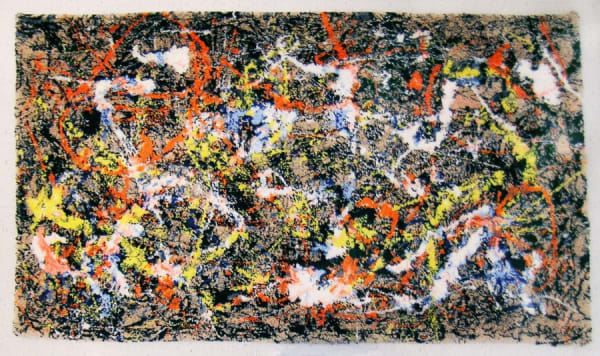 Diffracted solstice: exhibition view / Aeroplastics @ Rue Blanche Str., Brussels. Ph: Vincent Everarts / work by Kurt Treeby (tapestry), reproduction of "Conversion" by Jackson Pollock