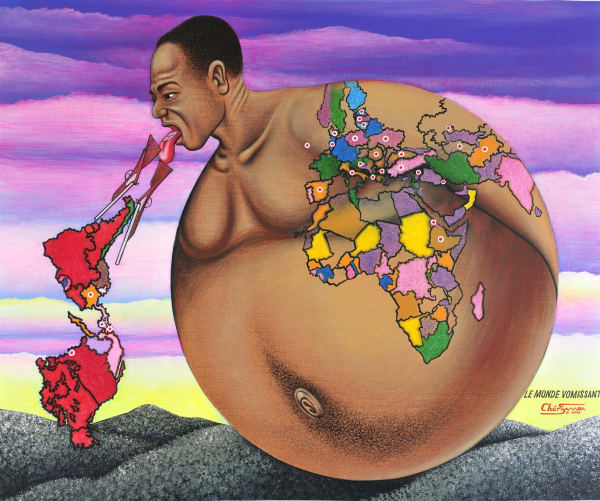 Chéri Samba, Le Monde Vomissant, 2004, oil on canvas, 89 x 109 cm Courtesy B & C Research collection, Paris