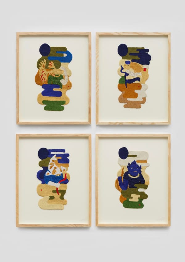 Woo Jin Joo. Water Deities, 2025, ‘The Koi’, ‘The Stone Fish Man’, ‘The Fighter Fish Man’ and ‘The Humphead’. Image courtesy ai. gallery and the artist