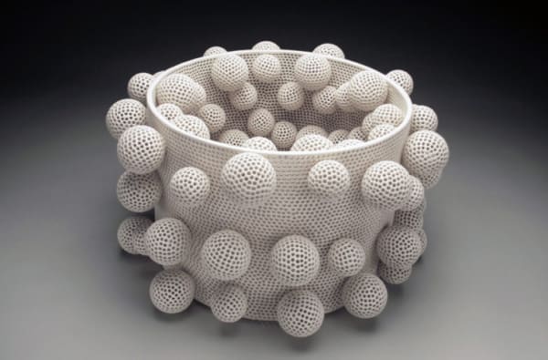 Tony Marsh: Perforated Vessel, with Attachments, 2022. Earthenware, glaze H: 12; Diam: 20 in (Collection of Judi Roaman and Carla Chammas)