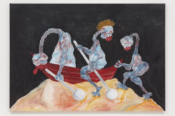 Famakan Magassa [b. 1997], Soif d'immigration, 2021. Acrylic on canvas. 55 5/8 x 80 inches, 141.5 x 203 cm. Courtesy of the artist and albertz benda, New York.
