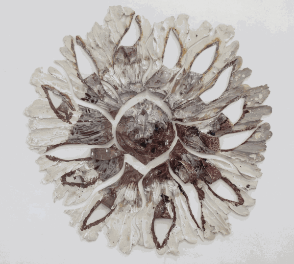 “Petaling Inward, Piercing Outward, 130lbs” (2024), glazed stoneware and hardware, 66 x 66 x 4 inches