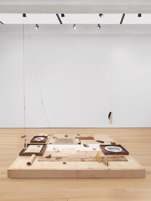 Kang Seung Lee Untitled, 2025 Antique 24K gold thread, sambe, acrylic, maple burl, wild olive burl, acasia burl, graphite, lacquered mulberry paper, pearls, watercolor, goatskin parchment, pebbles, rocks, silver wire, stamp wax, mother of pearl, vintage shell buttons, dried coral, feather, sea glass, fern fossils from Carboniferous period, birch bark, dried seeds, acasia thorns, shibari rope, bookbinding cord, straw braid Install dimensions approximately 6 x 96 x 96 in (15.2 x 243.8 x 243.8 cm)